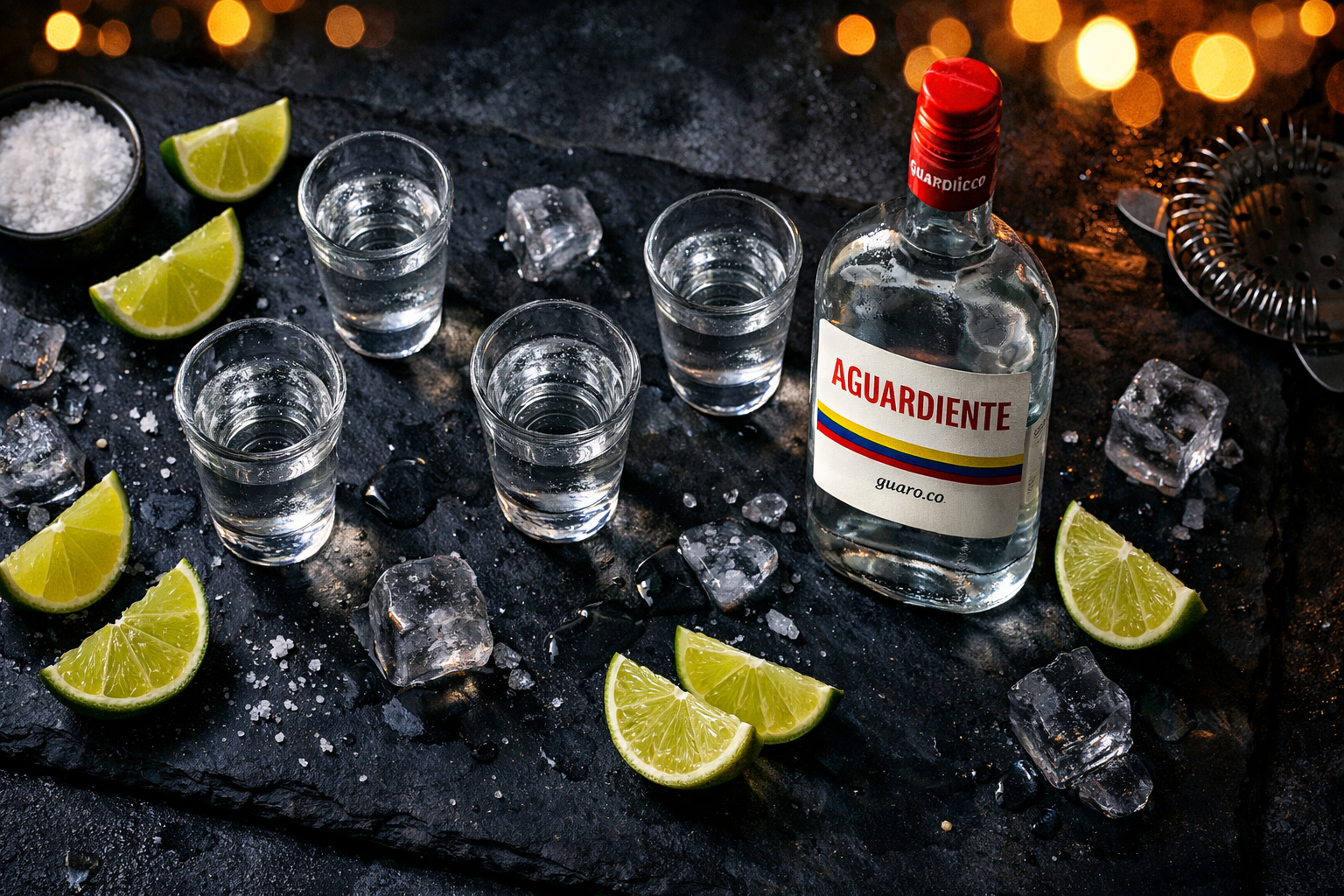 Aguardiente bottle and shots on dark slate with limes and ice — guaro.co